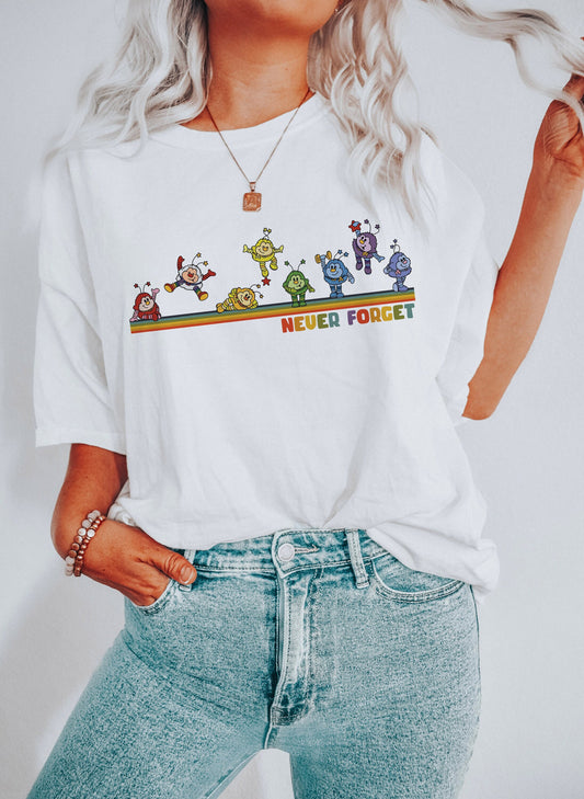 Never Forget Brite Rainbow Buddies With Vintage Stripes Nostalgia Tee Soft Graphic Tee Unisex Soft Tee T-shirt for Women or Men