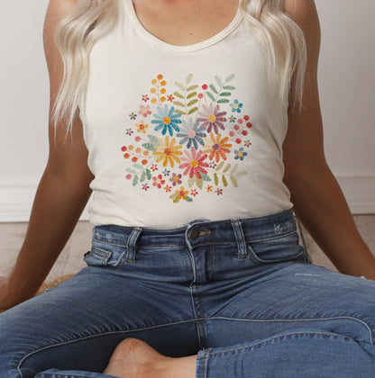 Faux Embroidery Wildflowers Design | UNISEX Relaxed Bella Canvas Racerback 6008 Tanks