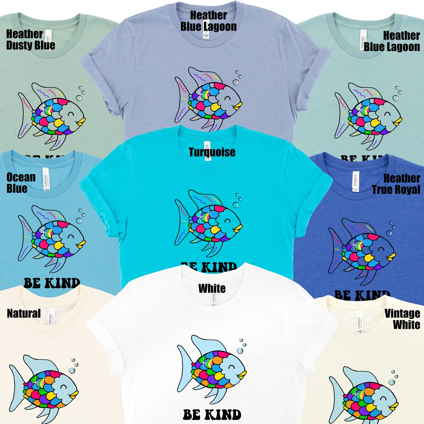 CUSTOM TEXT Be Kind Rainbow Scale Fish Teacher Reading Book Nostalgia Parody Soft Short-Sleeve Unisex T-Shirt