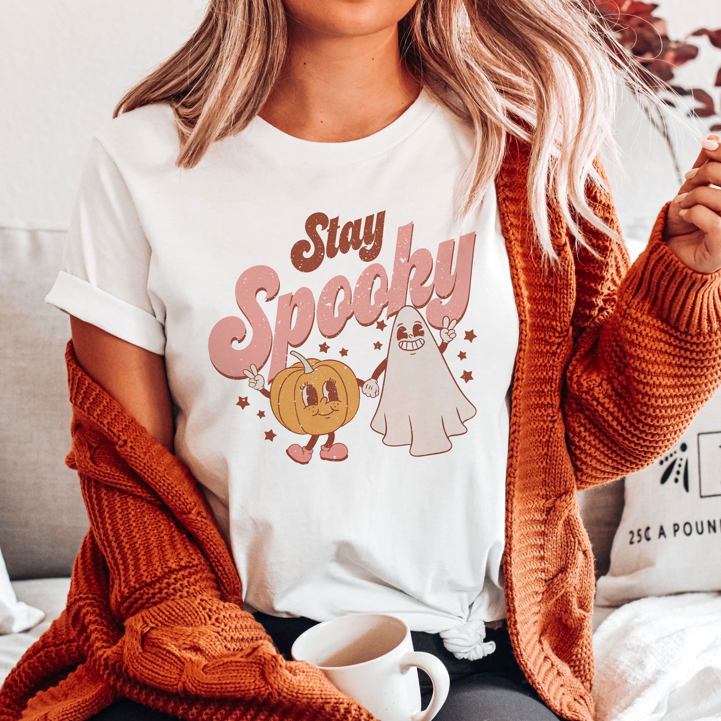 Stay Spooky Vintage Pumpkin and Ghost Graphic Unisex T-shirt for Women