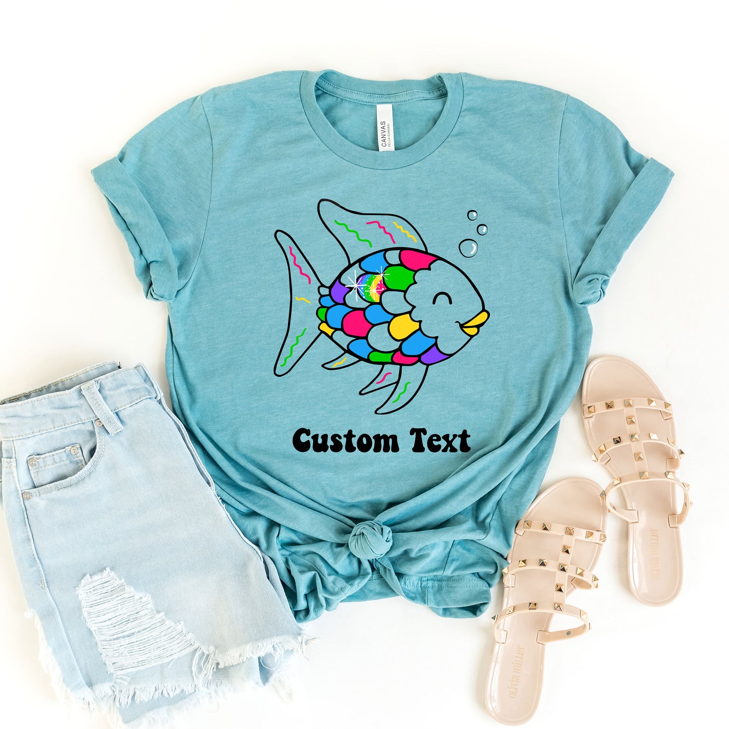 CUSTOM TEXT Be Kind Rainbow Scale Fish Teacher Reading Book Nostalgia Parody Soft Short-Sleeve Unisex T-Shirt