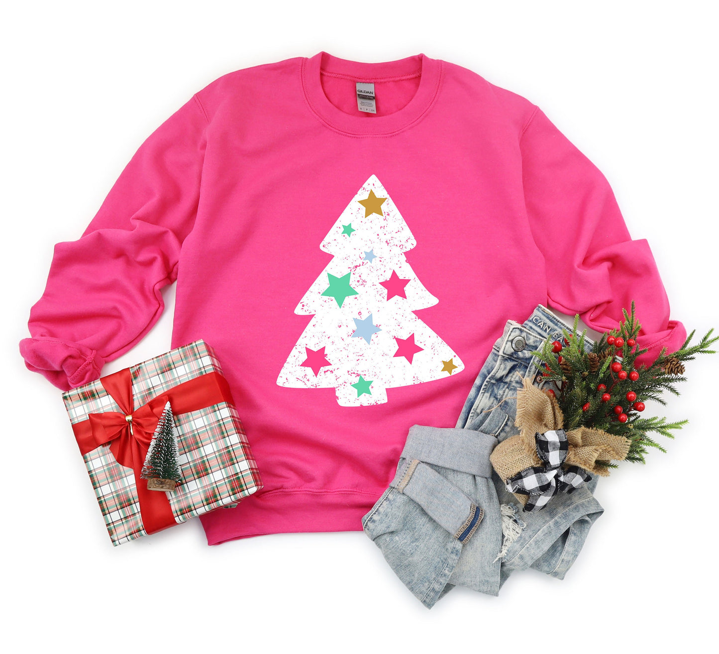 Bright Modern Christmas Tree Variety Christmas Winter Holiday Soft Cozy Sweatshirt