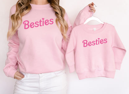 Besties Mother Daughter Adorable Pink Drop Shoulder Sweatshirts