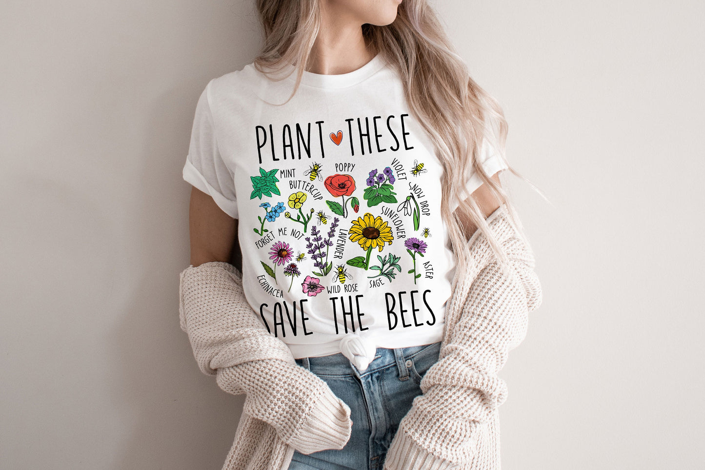 Plant These Save Bees Wildflower Earth Day Retro Boho Hippie Style Ultra Soft Graphic Tee Unisex Soft Tee T-shirt for Women or Men